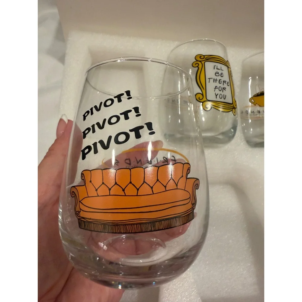 friends tv show 4 piece stemless wine glass set central perk pivot gift new